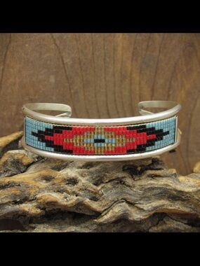 Vintage Native American Sterling Silver Seed Bead Cuff Bracelet